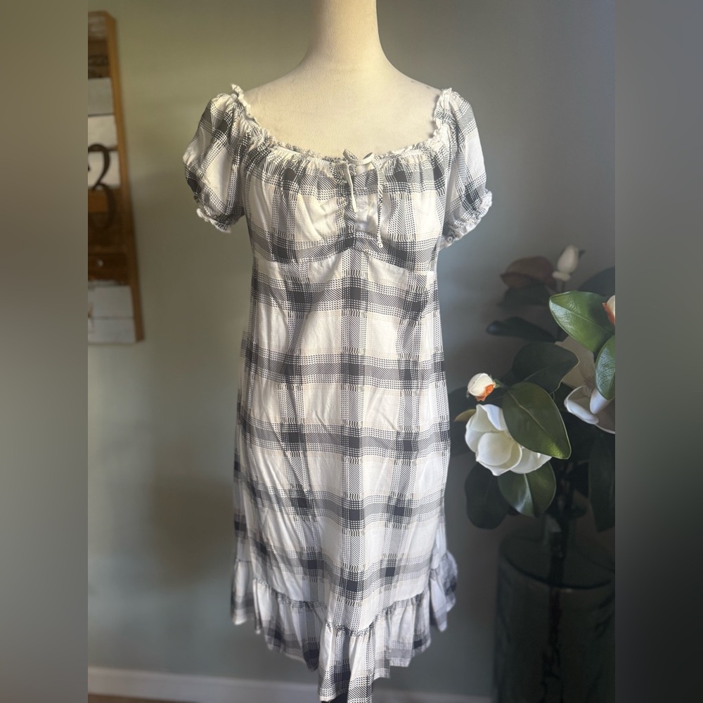 Cottage core boho Black White Plaid Mini Dress-puff sleeves pull‎ over xl Y2K